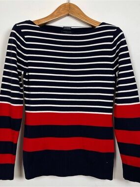Tommy Hilfiger Navy White Red Pima Cotton Striped Boatneck Sweater Size Large